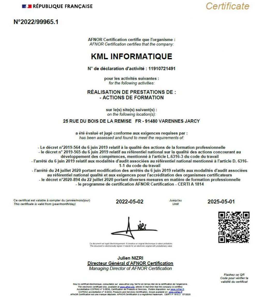 Certificat Qualiopi KML INFORMATIQUE